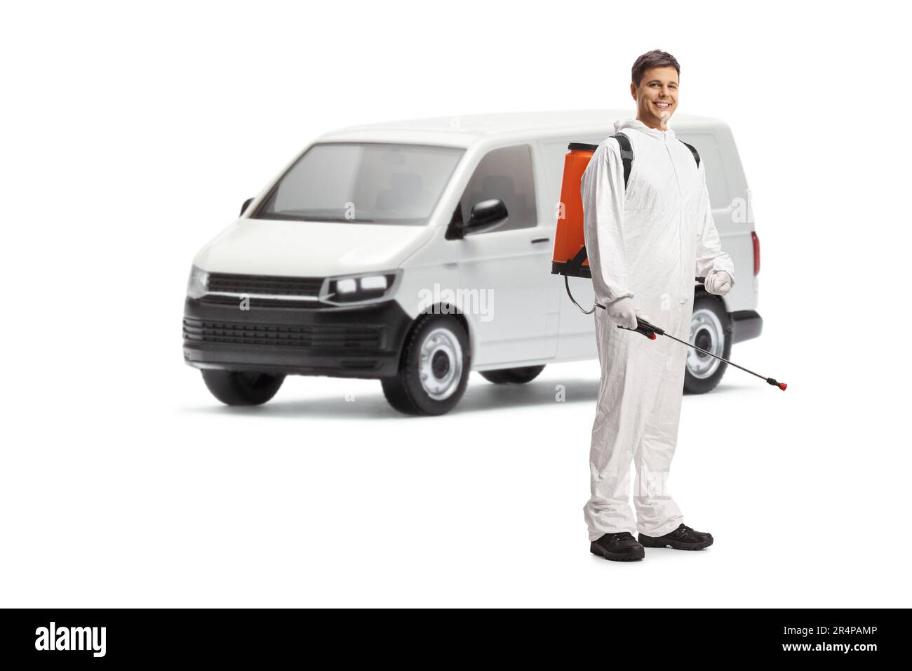 Full length shot of a pest control professional in a white suit standing in front of a van isolated on white background Stock Photo