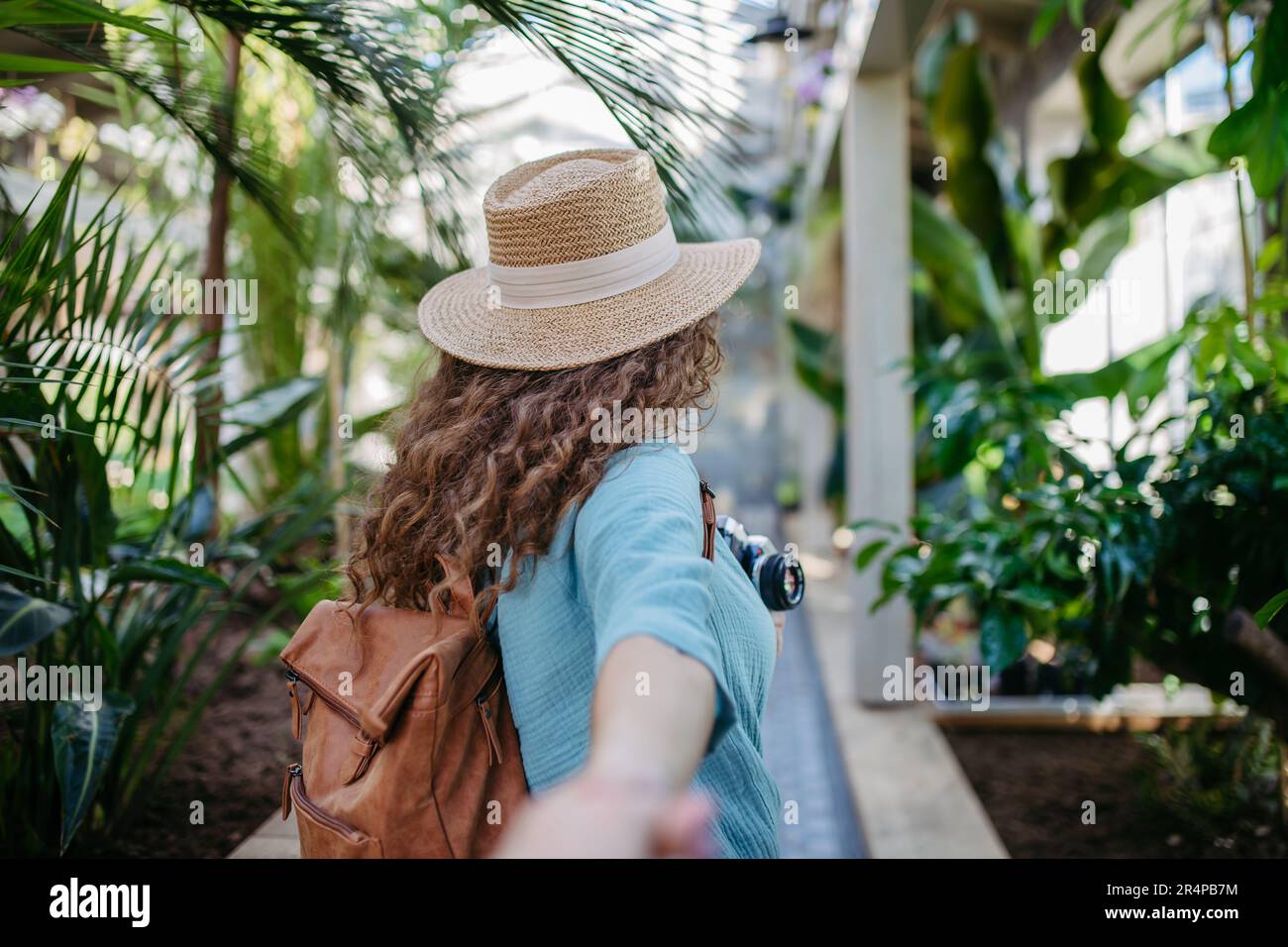 Rear view tourist woman curly hi-res stock photography and images - Alamy