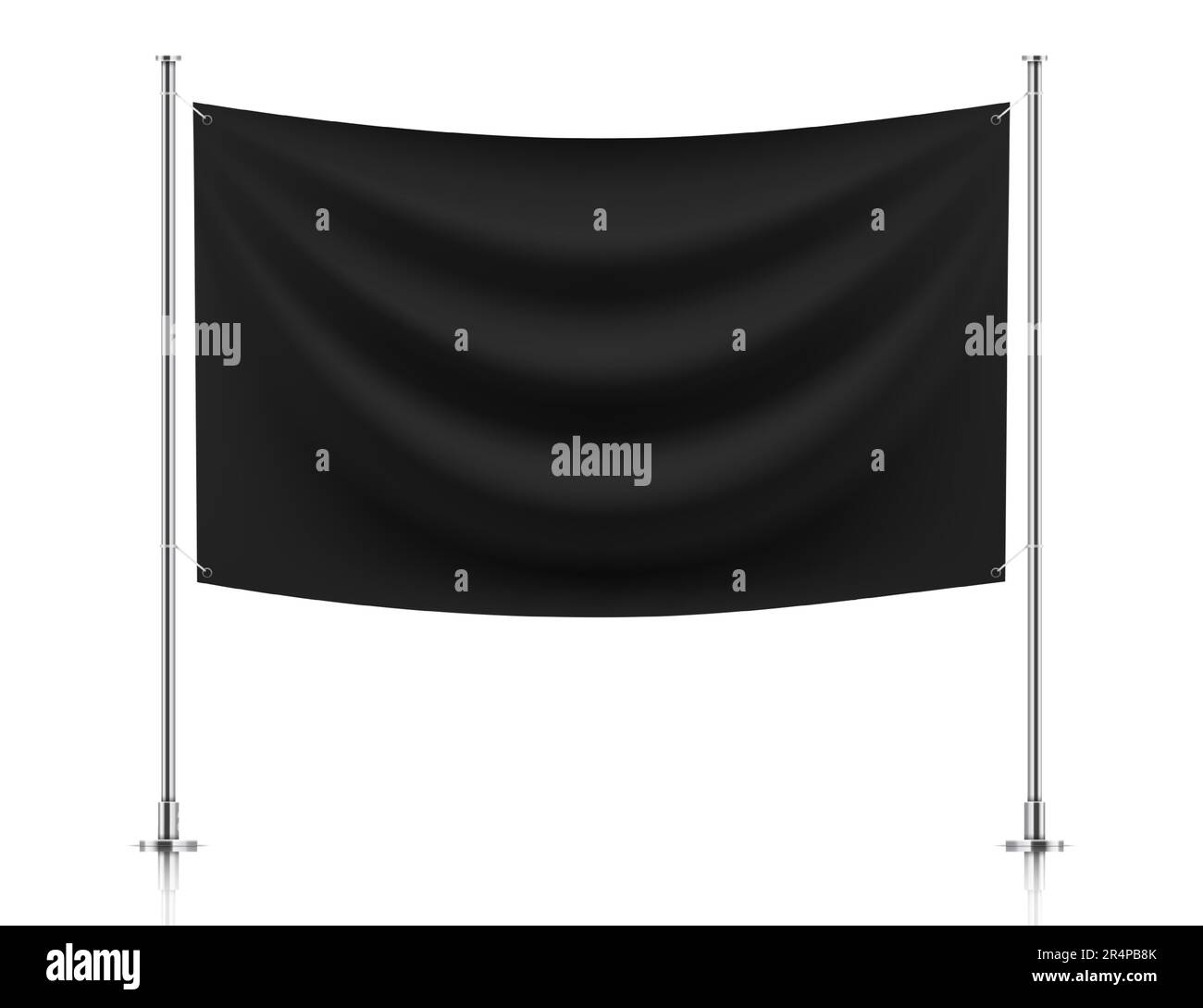 Black fabric banner flag hanging on poles, isolated on white background. Textile horizontal banner realistic mockup. Stock Vector