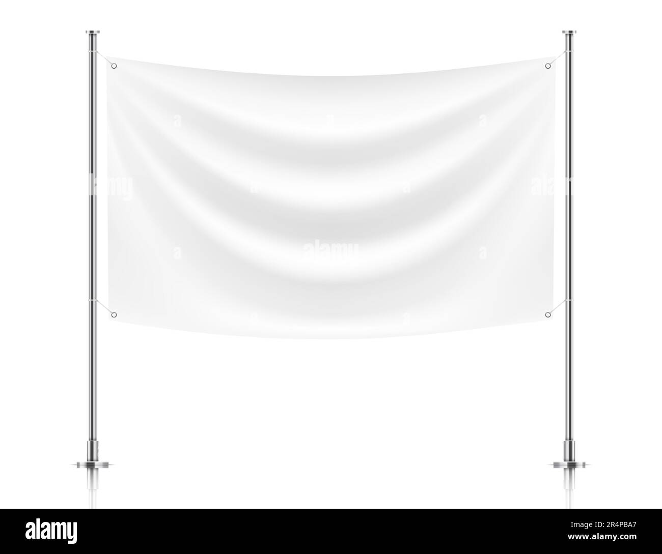 White fabric banner flag hanging on poles, isolated on white background