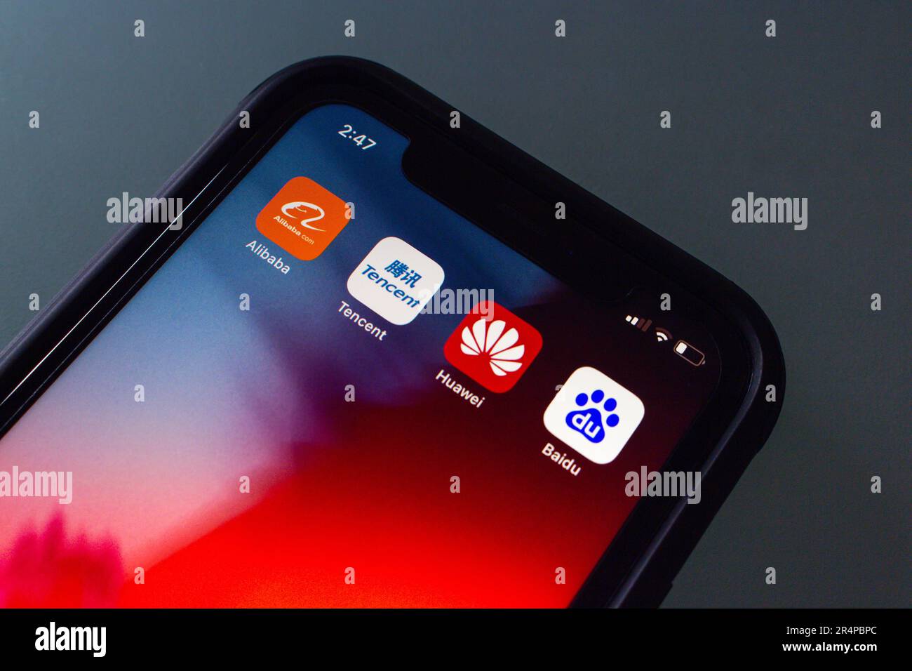 Vancouver, CANADA - May 21 2023 : Icons of Alibaba, Tencent, Huawei and Baidu seen in an iPhone screen. Chinese big tech and generative ai concept. Stock Photo