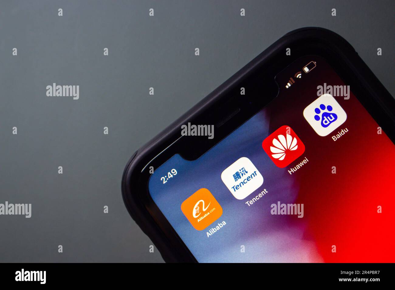 Vancouver, CANADA - May 21 2023: Icons of Alibaba, Tencent, Huawei and Baidu seen in an iPhone with copy space. Chinese big tech generative ai concept Stock Photo