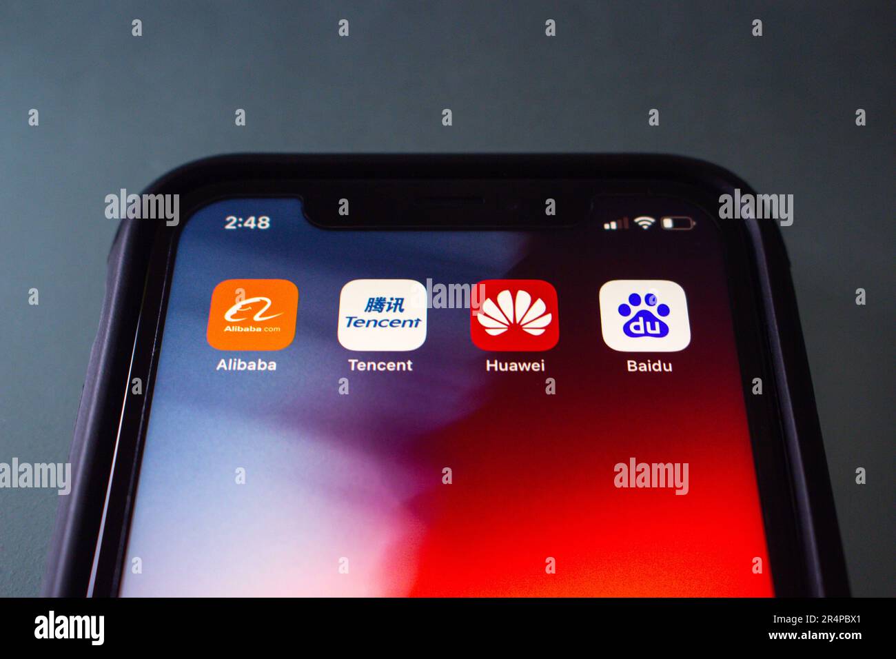 Vancouver, CANADA - May 21 2023 : Icons of Alibaba, Tencent, Huawei and Baidu seen in an iPhone screen. Chinese big tech and generative ai concept. Stock Photo