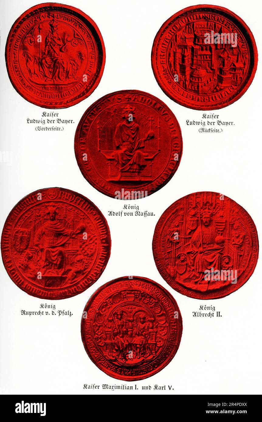 Ther 1906 caption reads: 'German Royal Seals.' They are from top to bottom, left to right: Kaiser Ludwig of Bayer (front side), Kaiser Ludwig of Bayer (back side); King Adolf of Nassau; King Ruprecht of Pfalz; King Albrecht II; Kaiser Maximilain I and Karl V Stock Photo