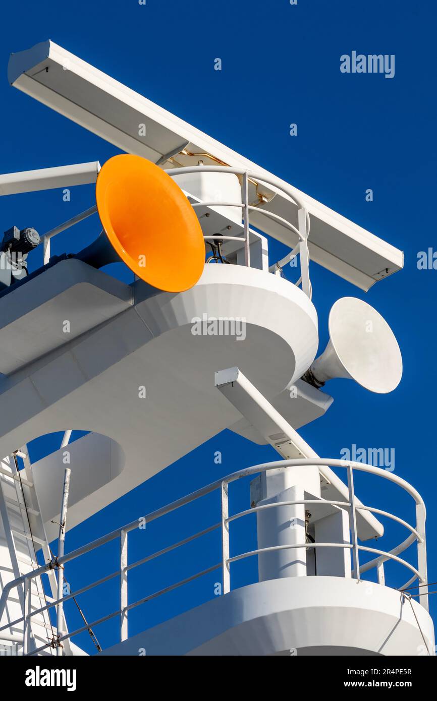 Radar & fog horn on cruise ship, San Diego, California, USA Stock Photo