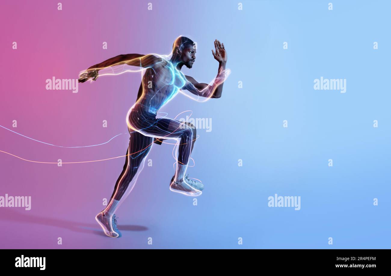 Determined young black sportsman running race in neon lighting with glowing body silhouette, empty space Stock Photo