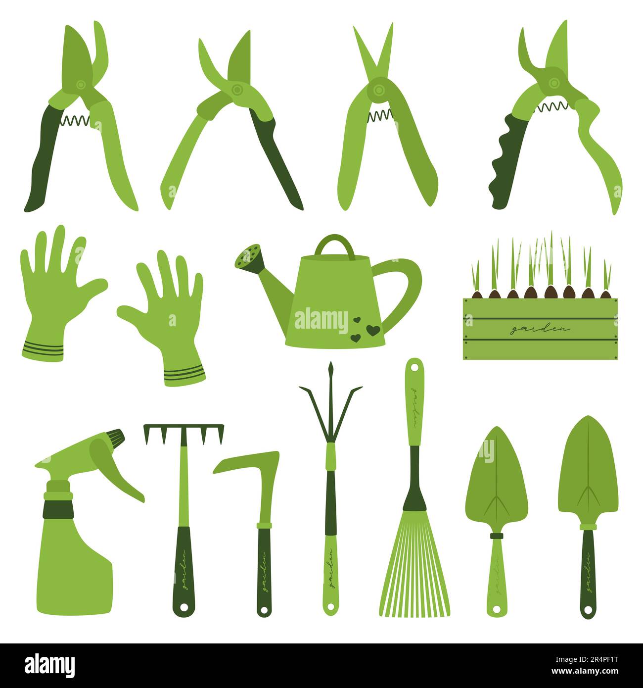 Collection of gardening tools isolated on white background. Green essential gardening tools kit