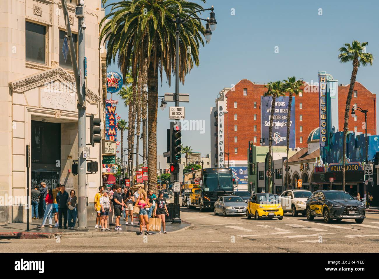 Hollywood, California, USA - April 26, 2023.   Street scene. The intersection of Hollywood Boulevard and Highland Avenue, one of Los Angeles most icon Stock Photo