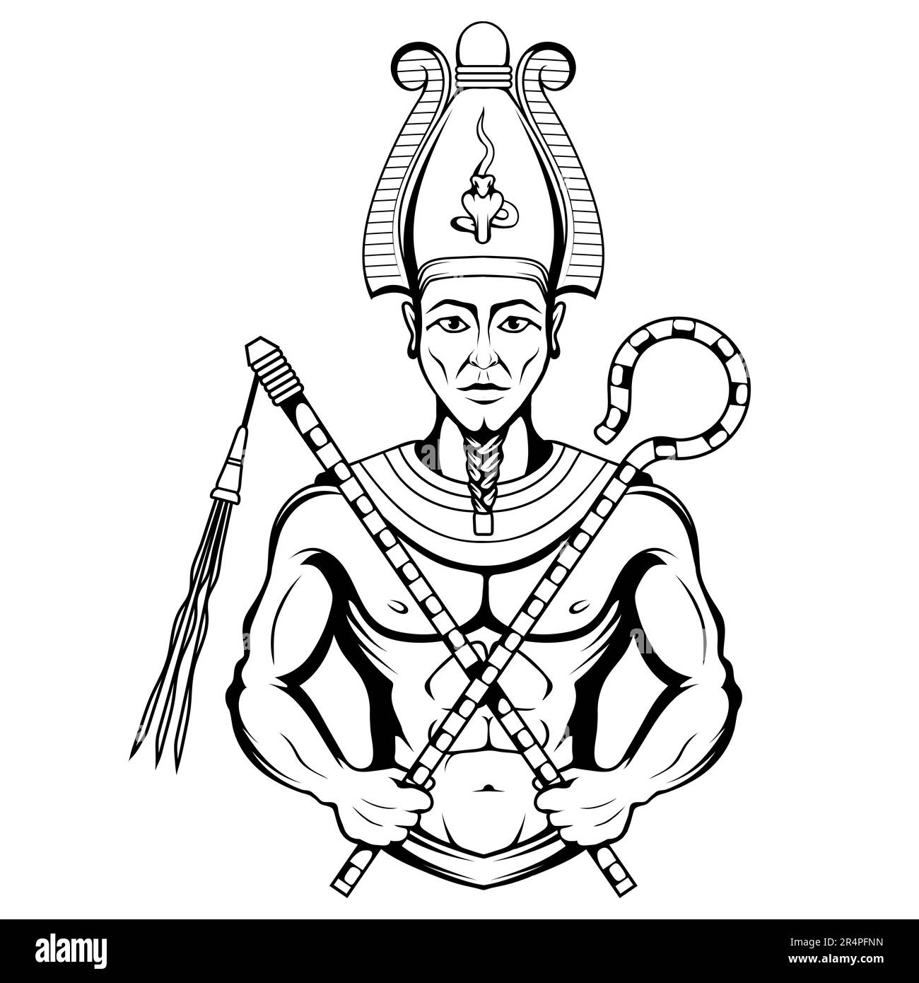 Osiris. Vector illustration of a sketch ancient egyptian god lord of the dead and reborn with green skin holds symbols of power in his hands Stock Vector