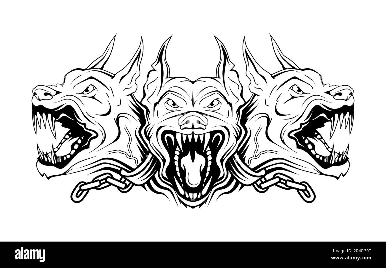 Cerberus. Vector illustration of a sketch multi-headed dog, guarding the gates of the underworld of shadows, preventing the souls of the dead from lea Stock Vector