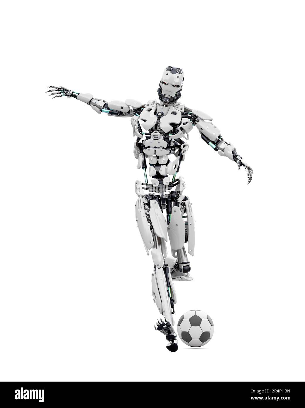 master cyber robot is kicking the football ball, 3d illustration Stock