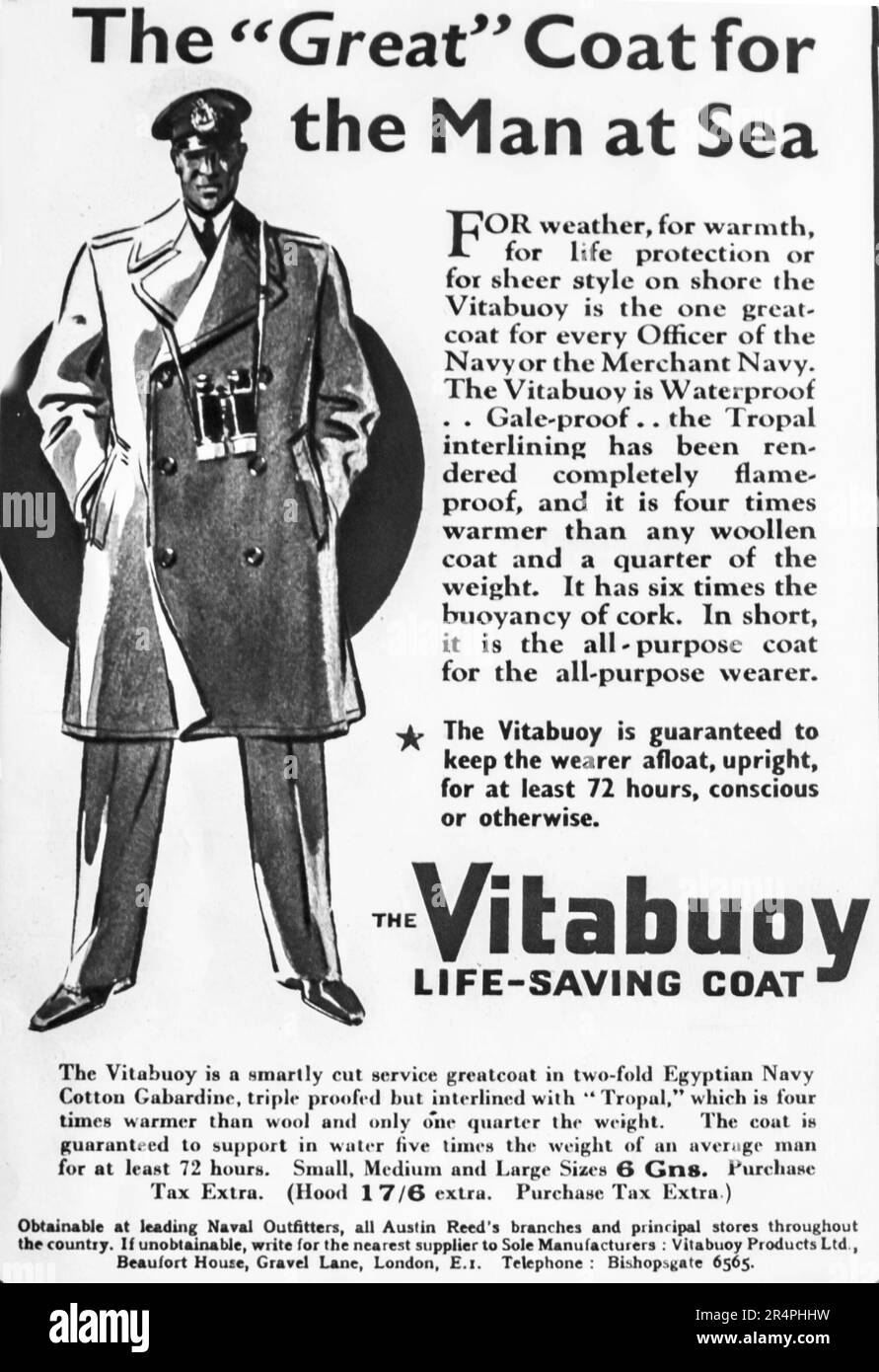 A 1942 advertisement for the Vitabuoy life saving coat, guaranteed to keep you afloat for at least 72 hours, conscious or otherwise.The advertisement is aimed at naval personnel serving in World War 2. Stock Photo