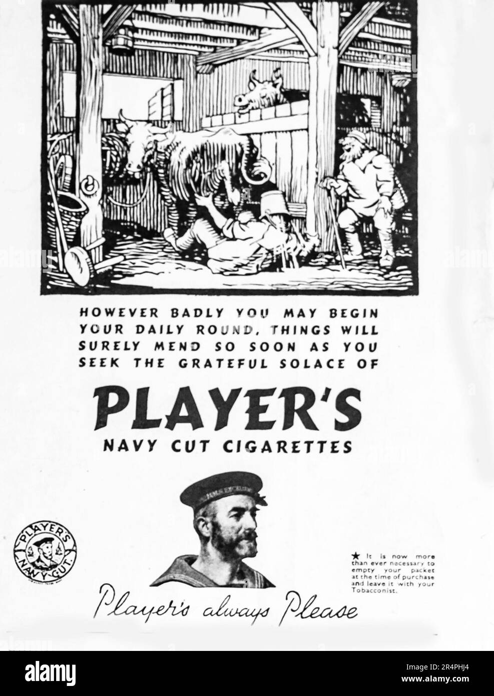A 1941 advertisement for Players Navy Cut cigarettes. The  advertisement features a cartoon of a farmer whose day is not starting well and claims that things will improve if you seek the solace of the cigarettes. The brand was introduced in 1883 and discontinued in 2016. This wartime advert also suggests emptying the packet at the time of purchase and leaving the package with the shopkeeper, presumably to cope with wartime shortages. An early form of recycling. Stock Photo