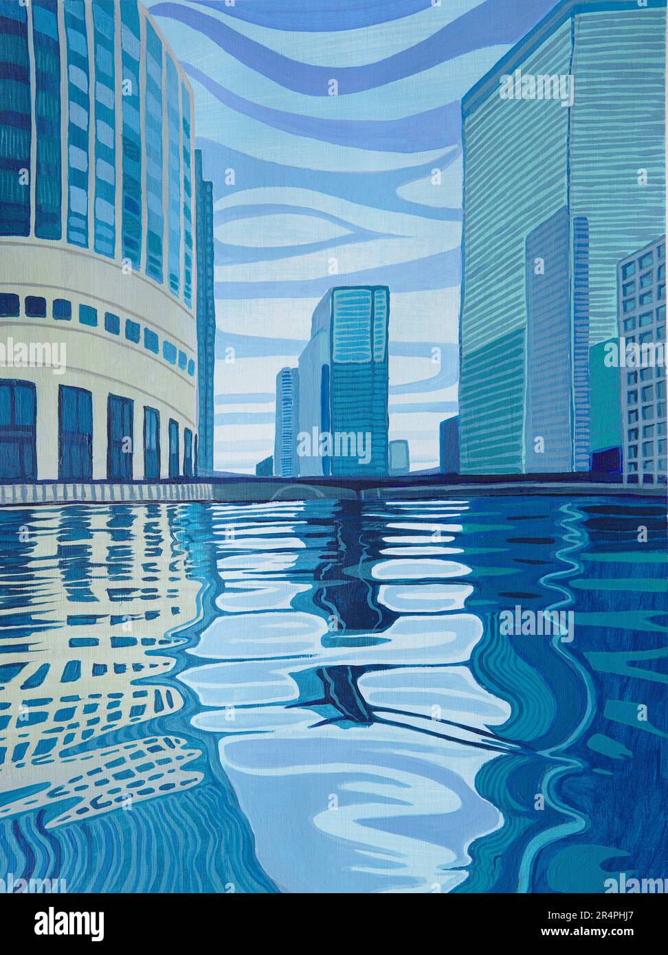 Painting of Canary Wharf Middle Dock with reflections of buildings in hues of blue Stock Photo