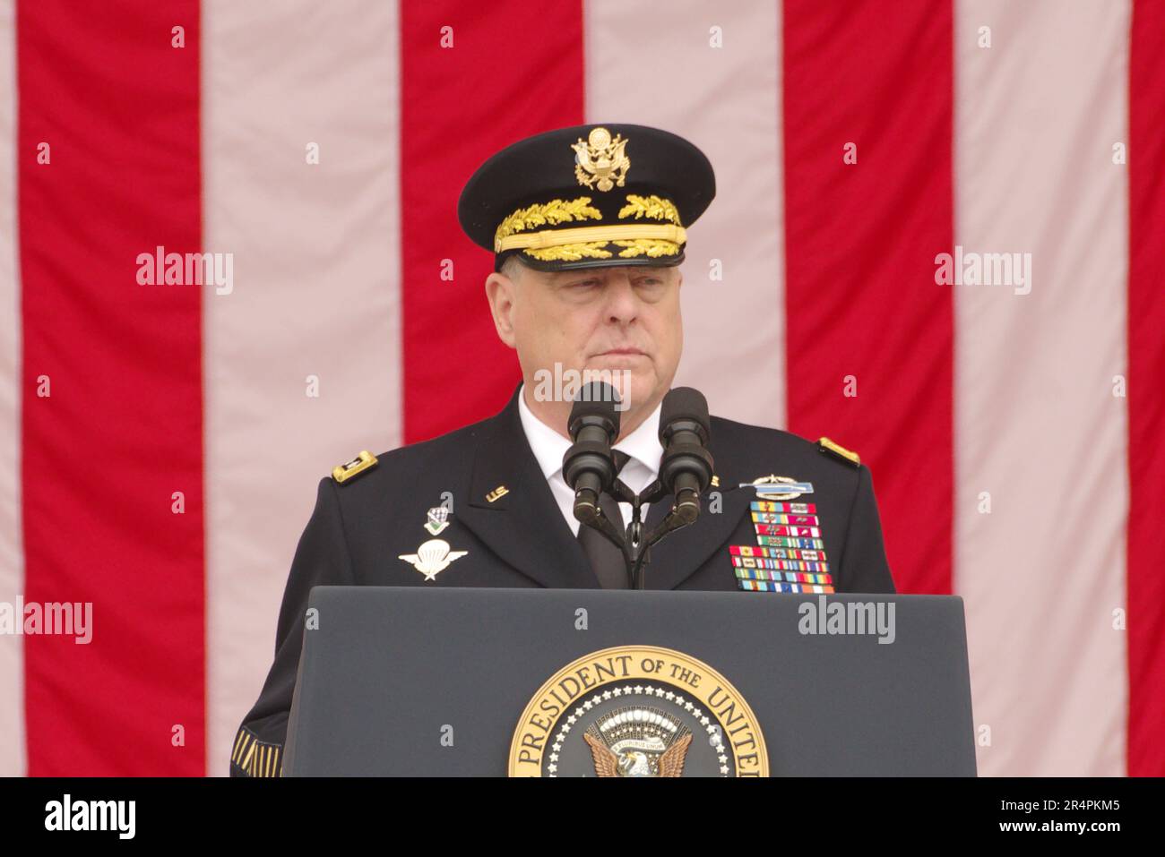 Arlington, VA, USA. 29 May 2023. U.S. Chairman of the Joint Chiefs of Staff General Mark Milley delivers remarks at a Memorial Day ceremonyat Arlington National Cemetery. Credit: Philip Yabut/Alamy Live News Stock Photo