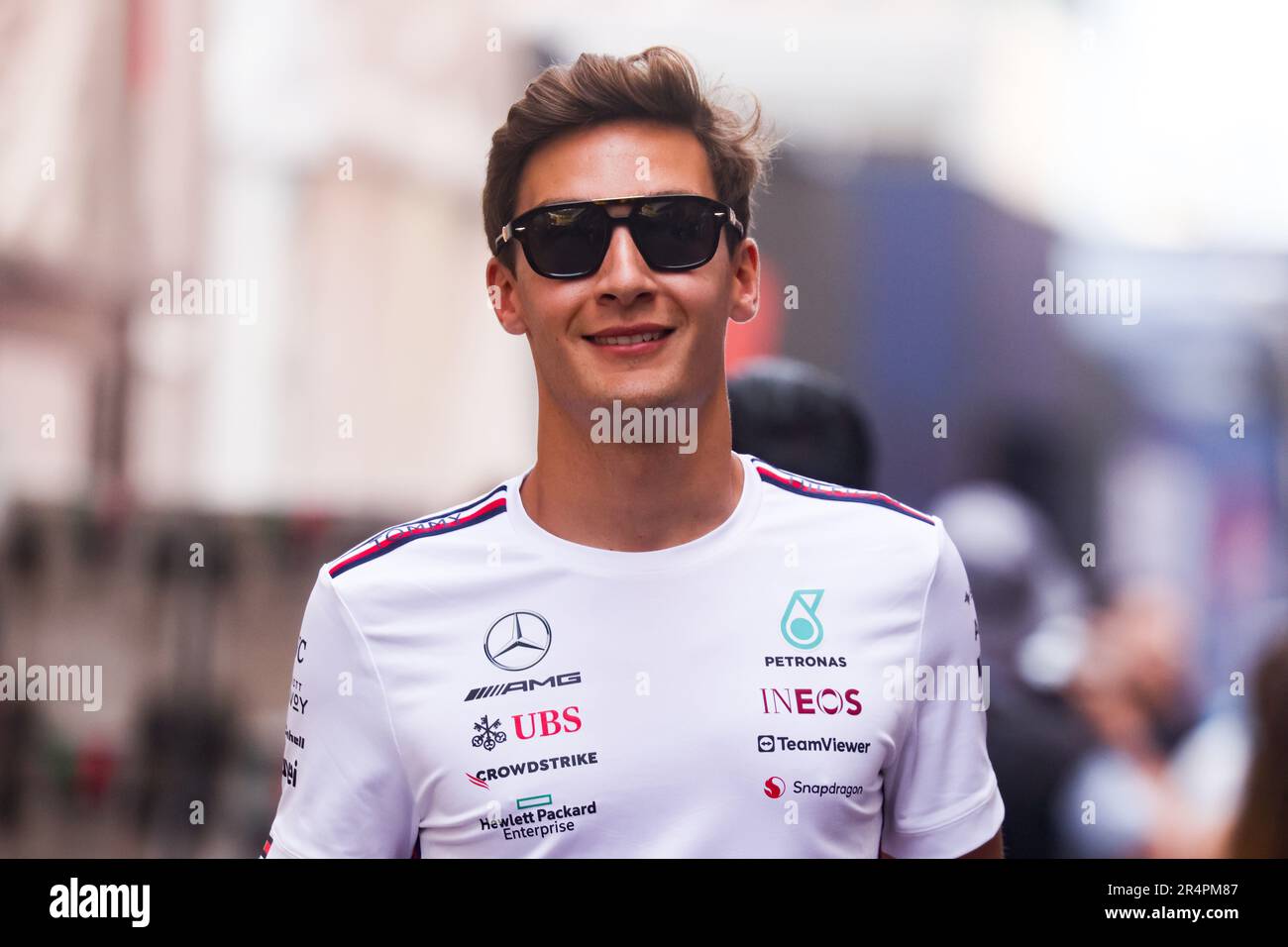 Monte Carlo, Monaco. 28th May, 2023. Russell of Mercedes is seen on the day of the F1
