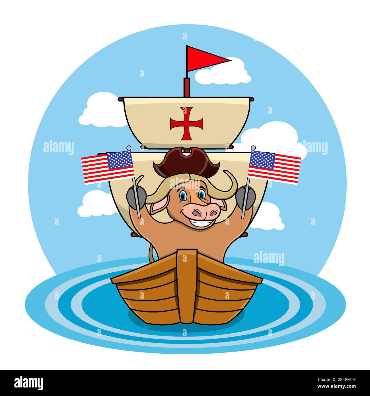 Happy Columbus Day America With Cute Buffalo And Ship In Sea, Cartoon, Mascot, Animals, Character, Vector and Illustration. Stock Vector