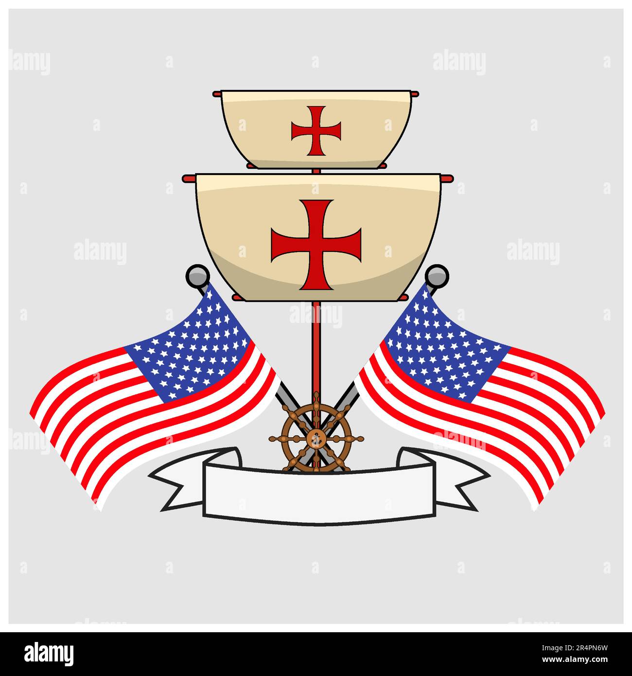 Happy Columbus Day America With  Flags, Wheel Ship and Label, celebration holiday poster, Vector and Illustration. Stock Vector
