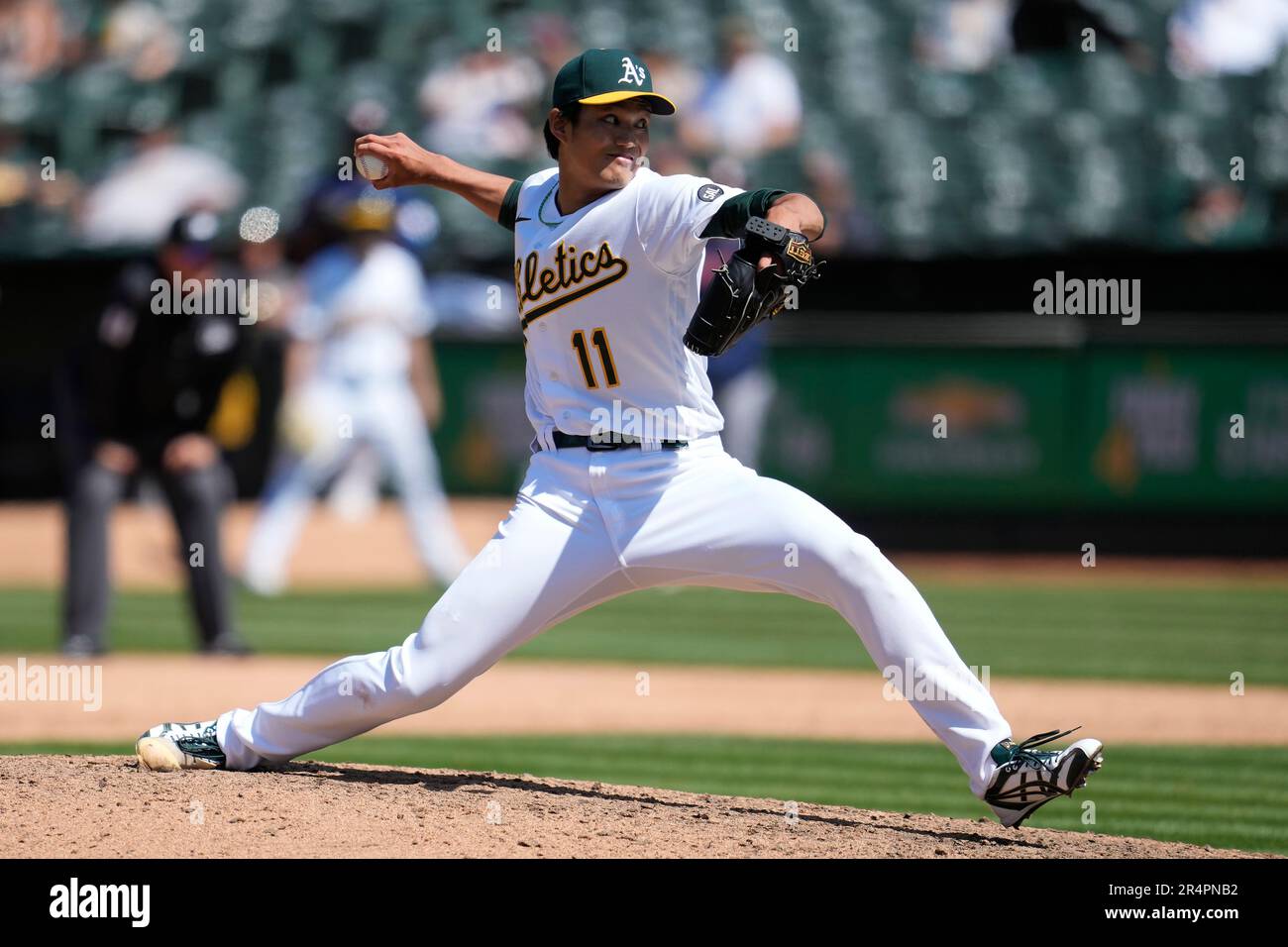 Oakland Athletics pitcher Shintaro Fujinami during a baseball game ...