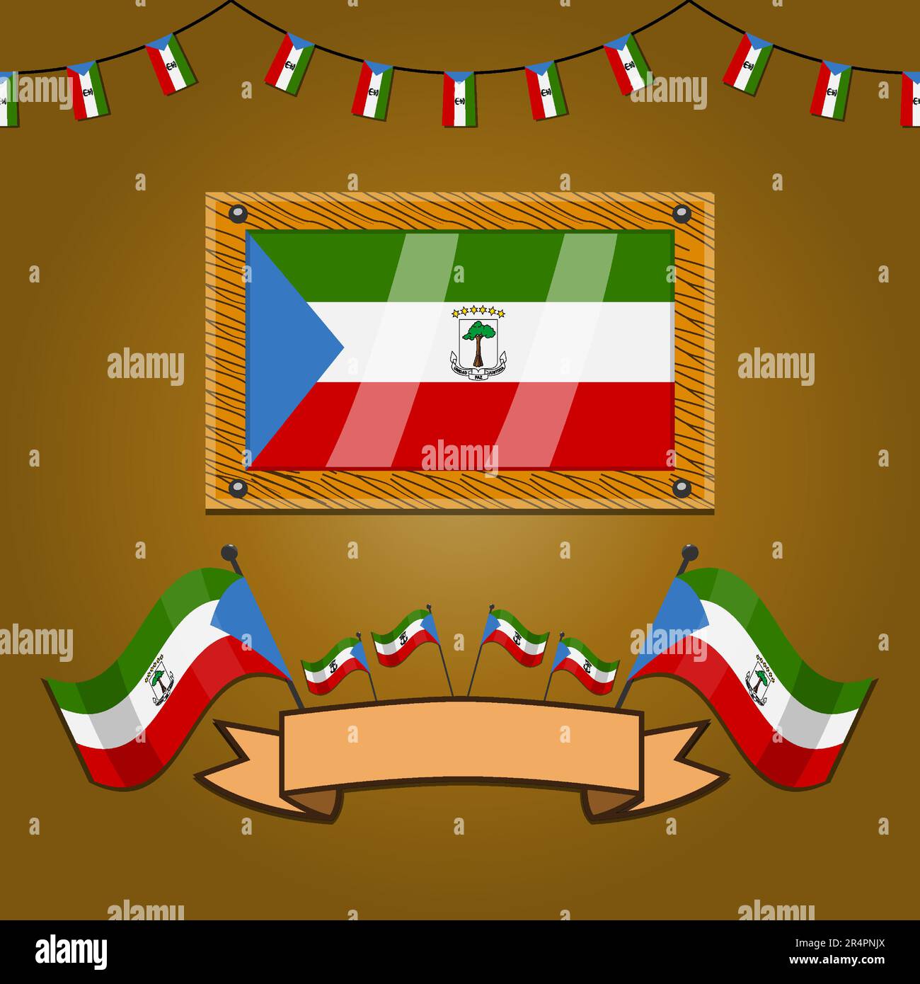 Equatorial Guinea Flags On Frame Wood, Label, Simple Gradient and Vector Illustration Stock Vector