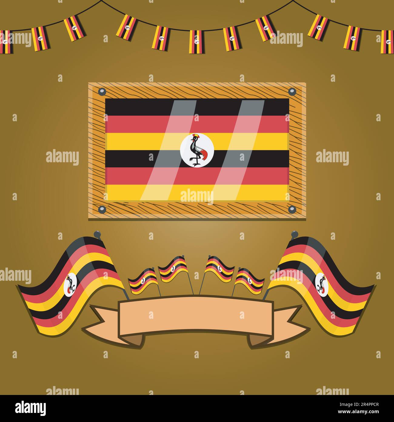 Uganda Flags On Frame Wood, Label, Simple Gradient and Vector Illustration Stock Vector