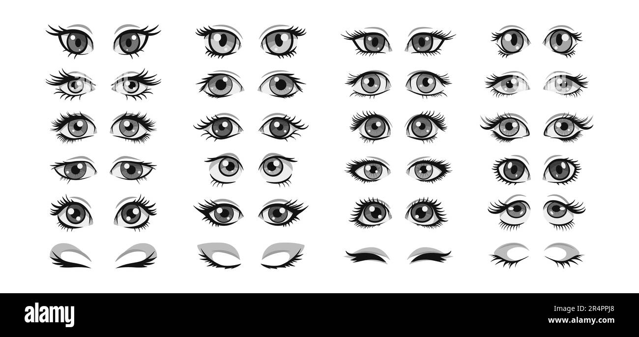 Vector Cartoon Female Eyes Collection. Beautiful Black and White Women s Opened and Closed Eyes in Manga, Pop Art Comic Style. Different Girls Eyes Stock Vector