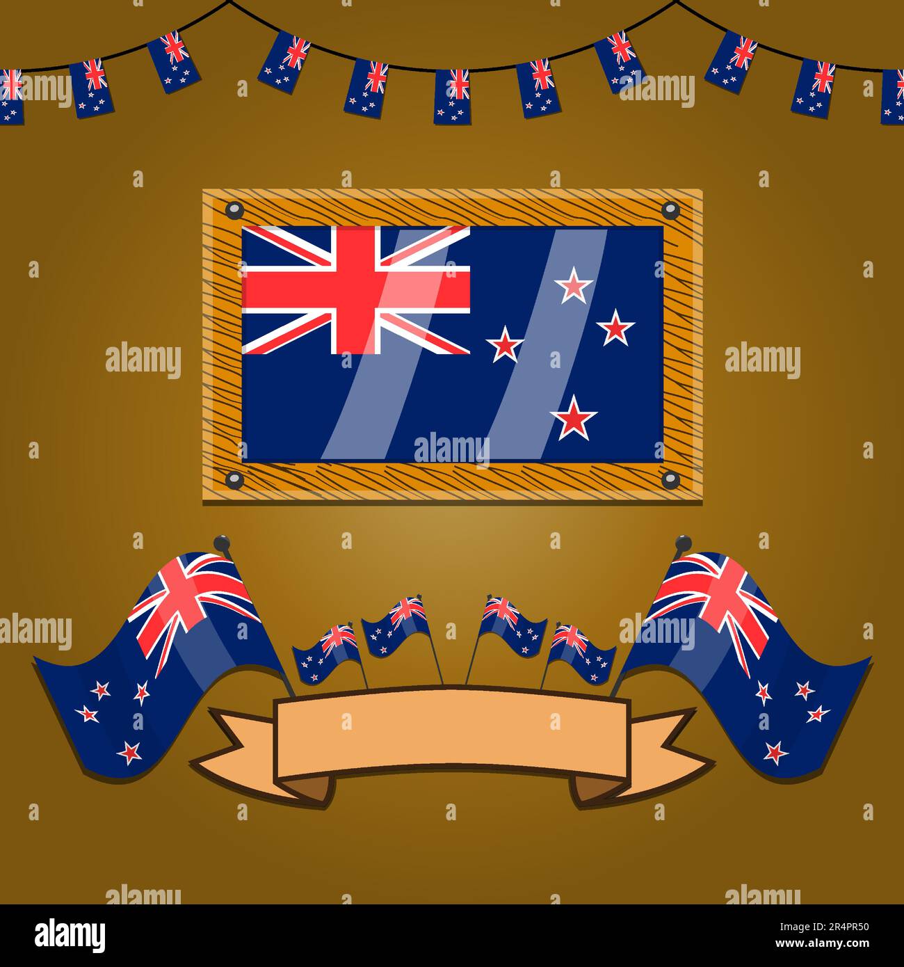 New Zealand Flags On Frame Wood, Label, Simple Gradient and Vector Illustration Stock Vector