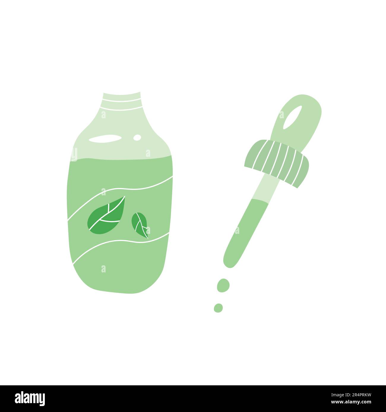 Green liquid drug with bottle and pipette. Doodle cartoon illustration