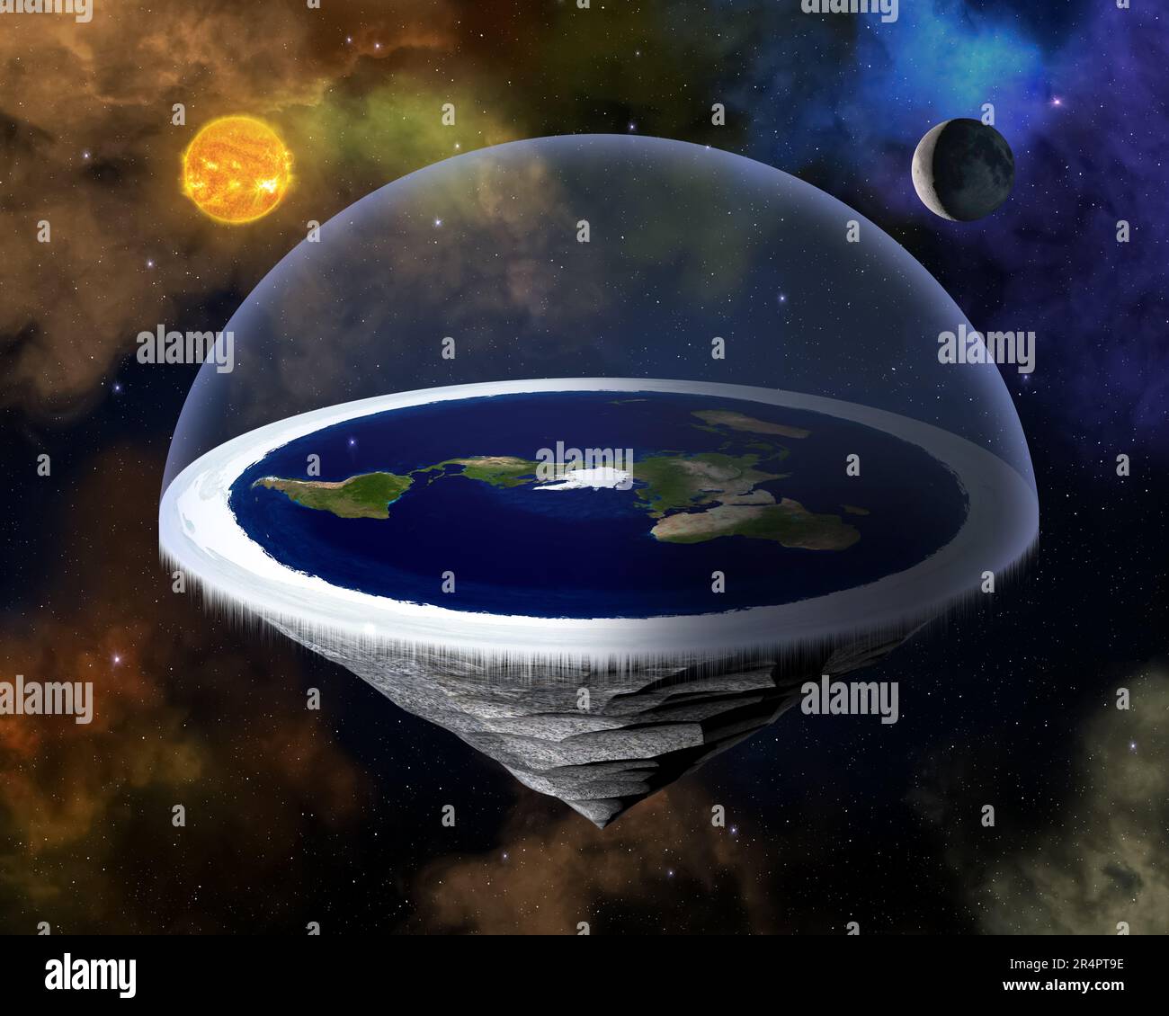Flat Earth in space with sun and moon. The flat Earth model is an archaic conception of Earth's shape as a plane or disk. Elements furnished by NASA. Stock Photo