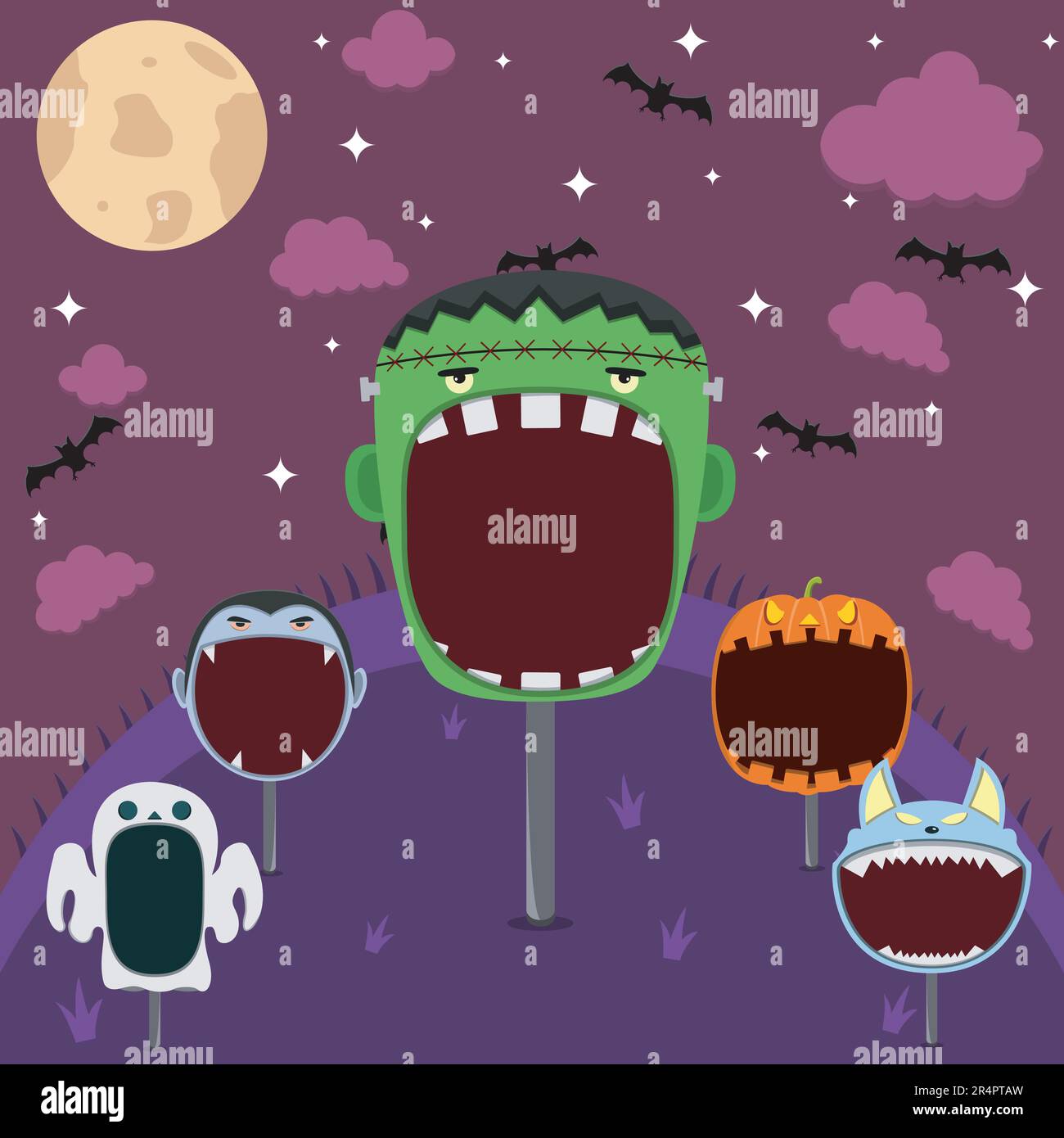 Head Monster Set in Field and Night. Big Frankenstein  Head, Pumpkin, Dracula , Ghost and Wolf  .Vector And Illustration. Stock Vector
