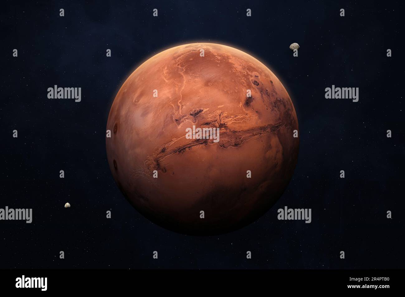Planet Mars in the starry sky of solar system. Mars, Phobos and Deimos ...