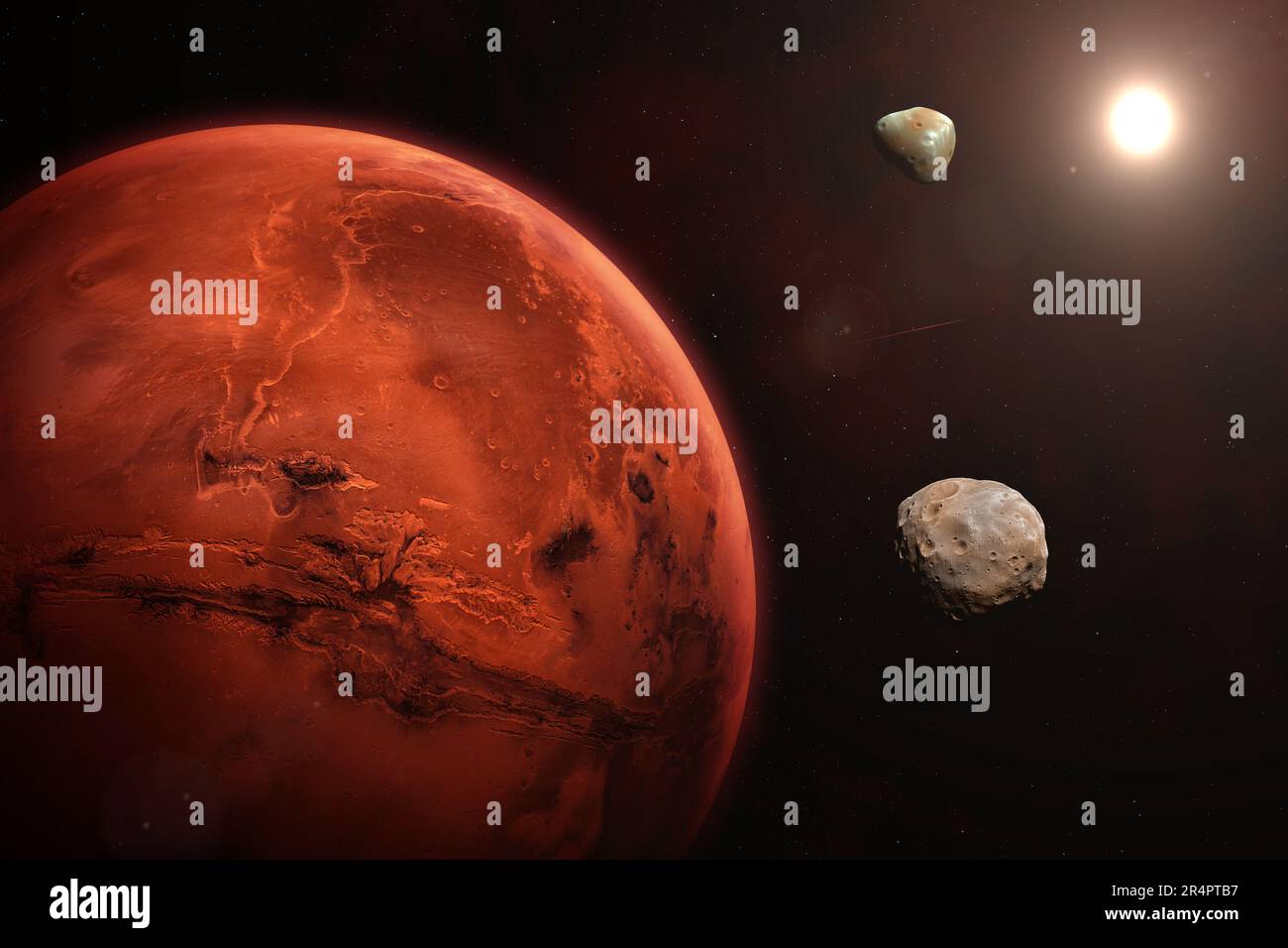 Planet Mars in the starry sky of solar system. Mars, Phobos and Deimos ...