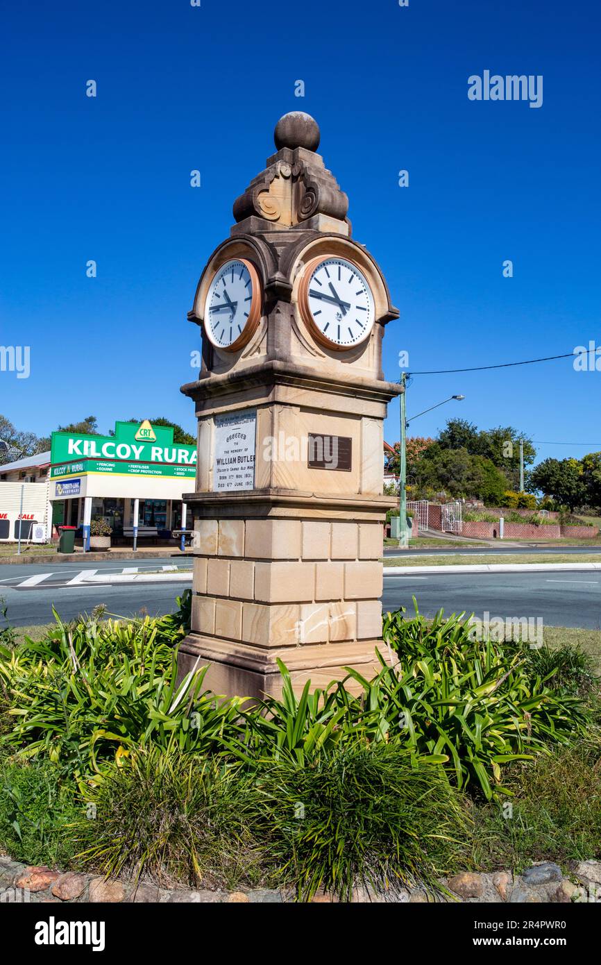 Memorial Clock dedicated to William Butler, known as the father of Kilcoy, in the main street of the rural town of Kilcoy, Queensland, Australia Stock Photo