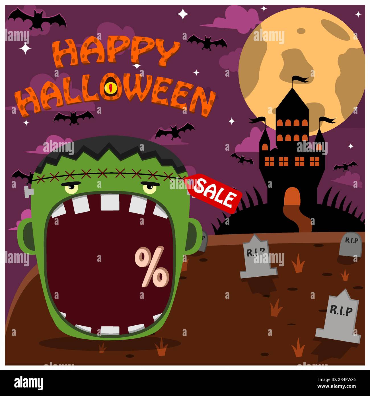 Halloween Character Head With Frankenstein Head On Graveyard and Palace. Percent, Sale, and Dark Background. Vector and Illustration Stock Vector