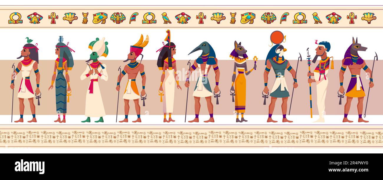 Set of ancient Egyptian gods and goddesses. Vector flat characters of Egypt mythology, myth Cairo statues. Ra, Bastet, Maat, Thoth, Anubis and Geb with religious symbols isolated on white background. Stock Vector