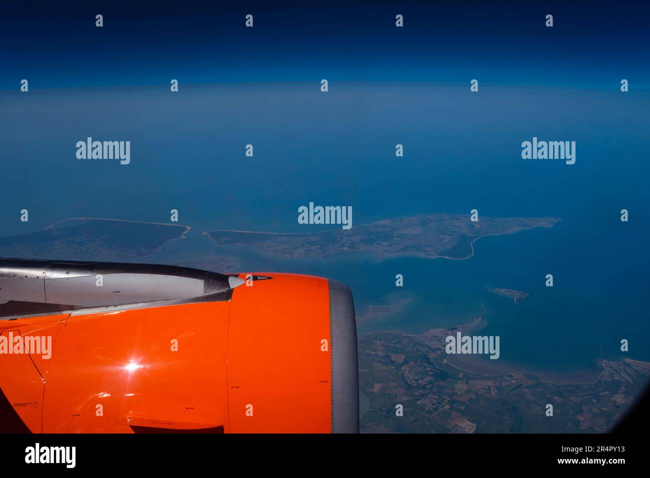 Flying over the Isle of Oléron, or Oléron Island, off the Atlantic coast of France, on the southern side of the Pertuis d'Antioche strait. easyJet Stock Photo