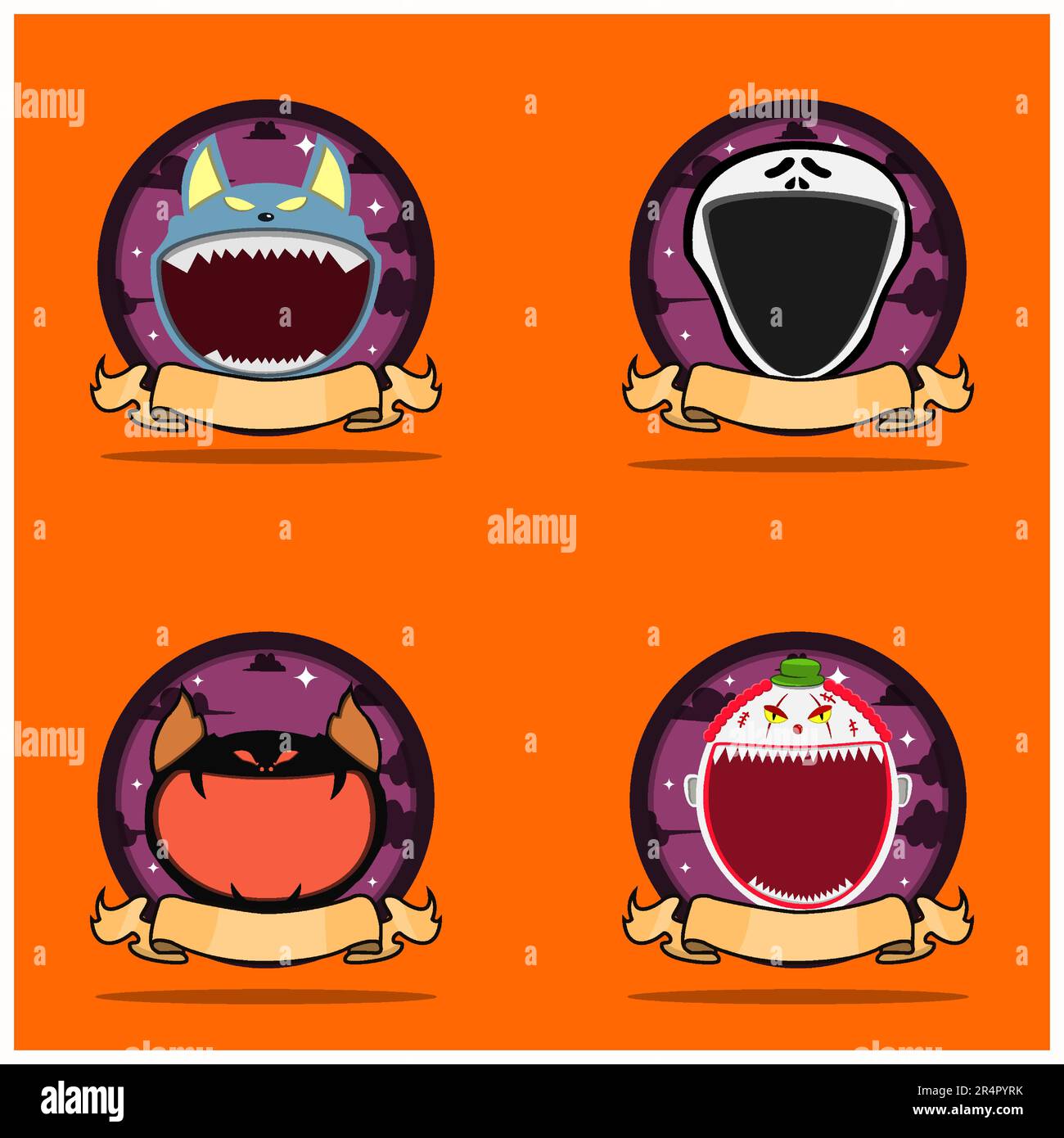 Emblem Set Head Monster. With Wolf, Scream, Creepy Bat and Creepy Clown Head Character Design. Vector And Illustration. Stock Vector