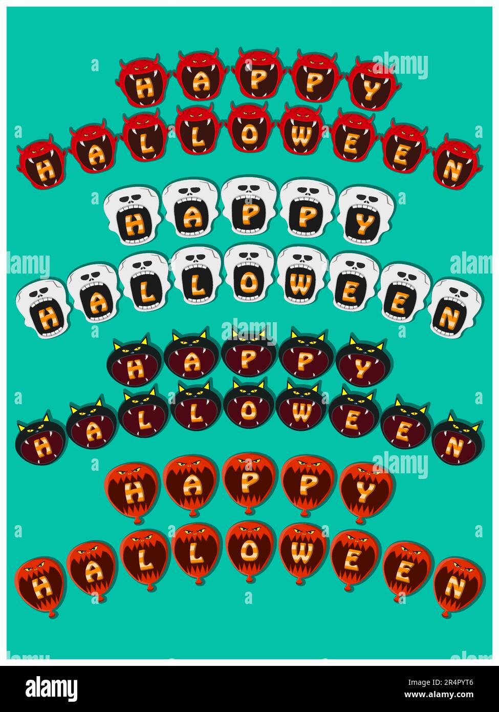 Happy Halloween Text Banner On Head Monsters. Devil, Skeleton, Black ...