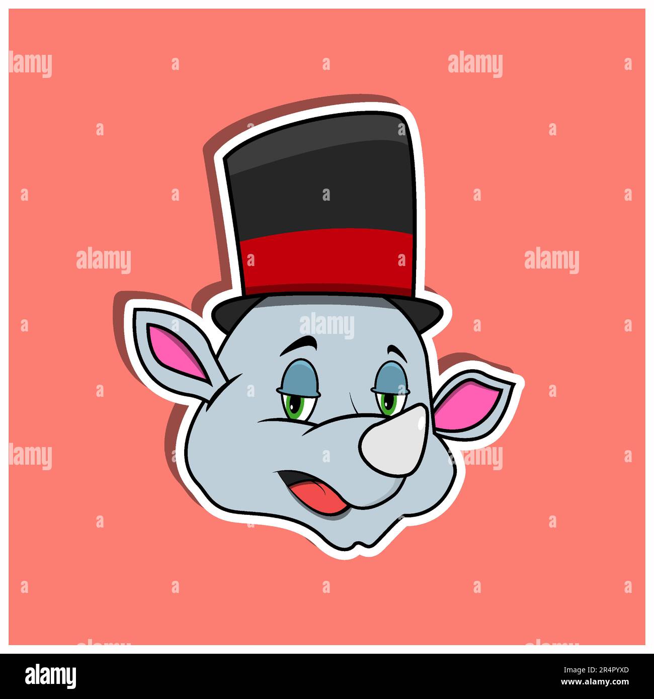 Animal Face Sticker With Rhinoceros Wearing Circus Hat. Character Design. Vector and Illustration Stock Vector