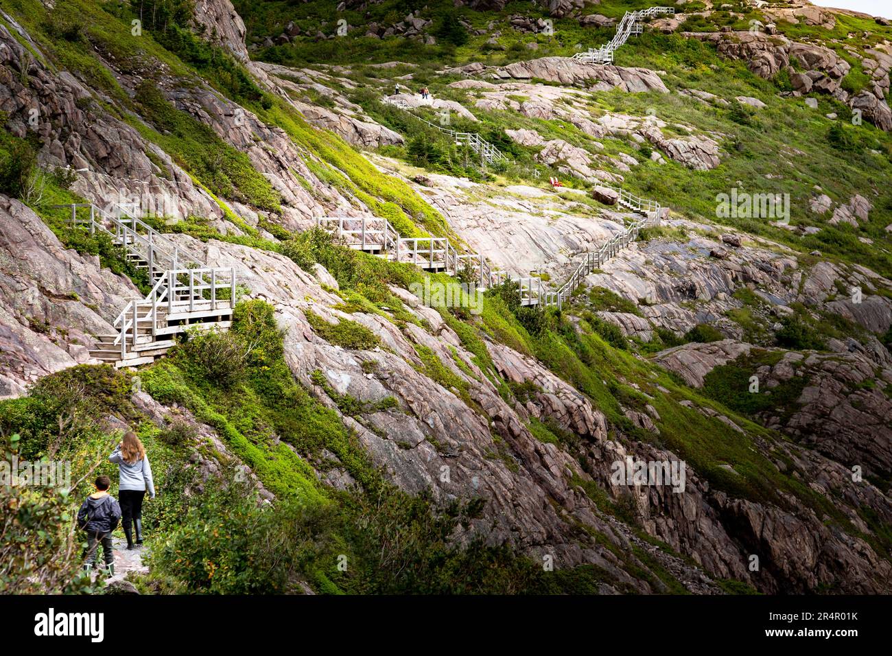 Children hiking along wooden boardwalks and rocky tundra on the Battery