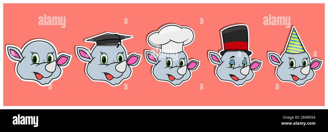 Head Rhinoceros Animal Sticker Set. Graduation, Chef, Magician and Party hat. Perfect for stickers, logo, greeting card and invitation. Vector and ill Stock Vector