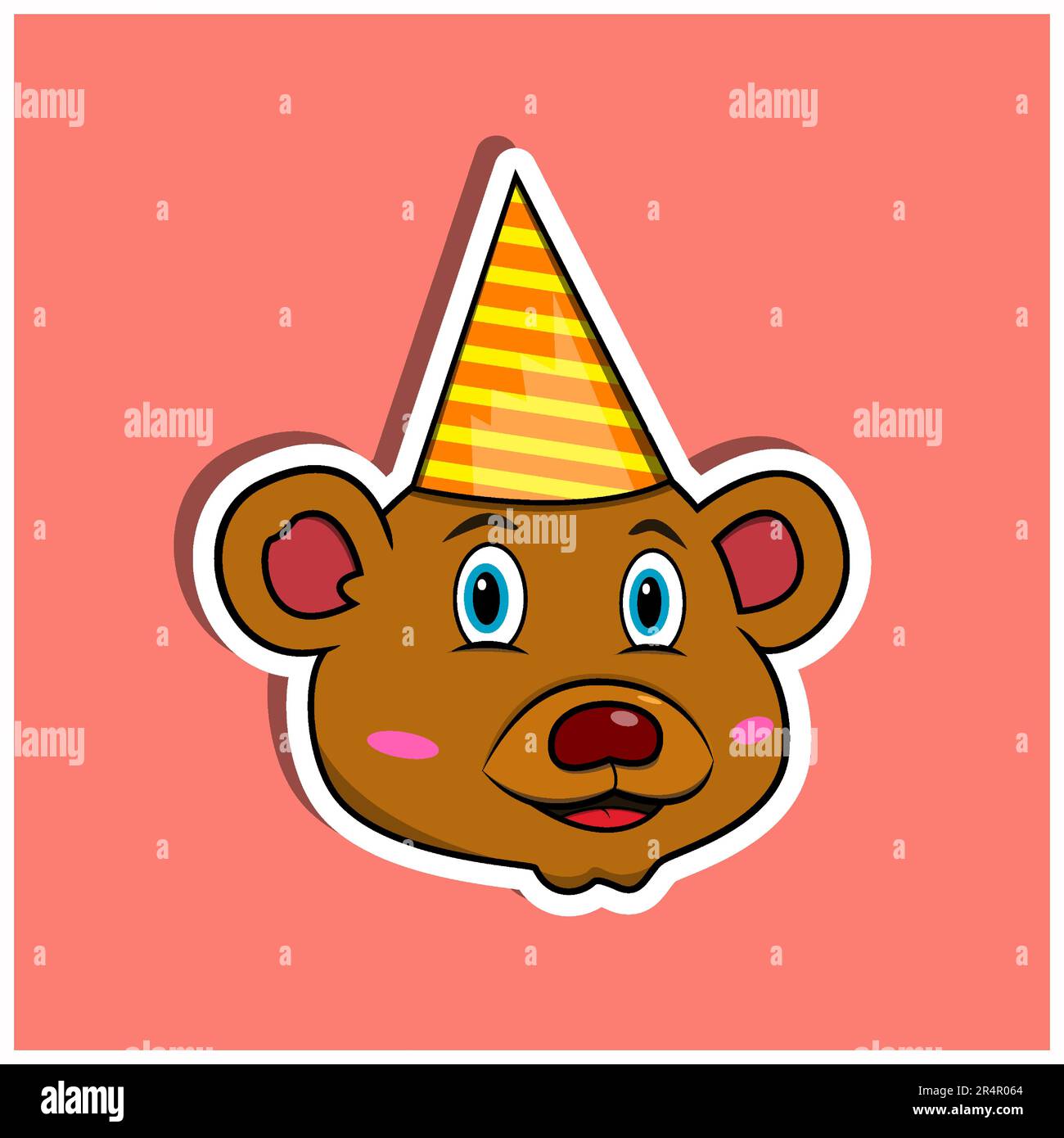 Animal Face Sticker With Bear Wearing Party Hat. Character Design