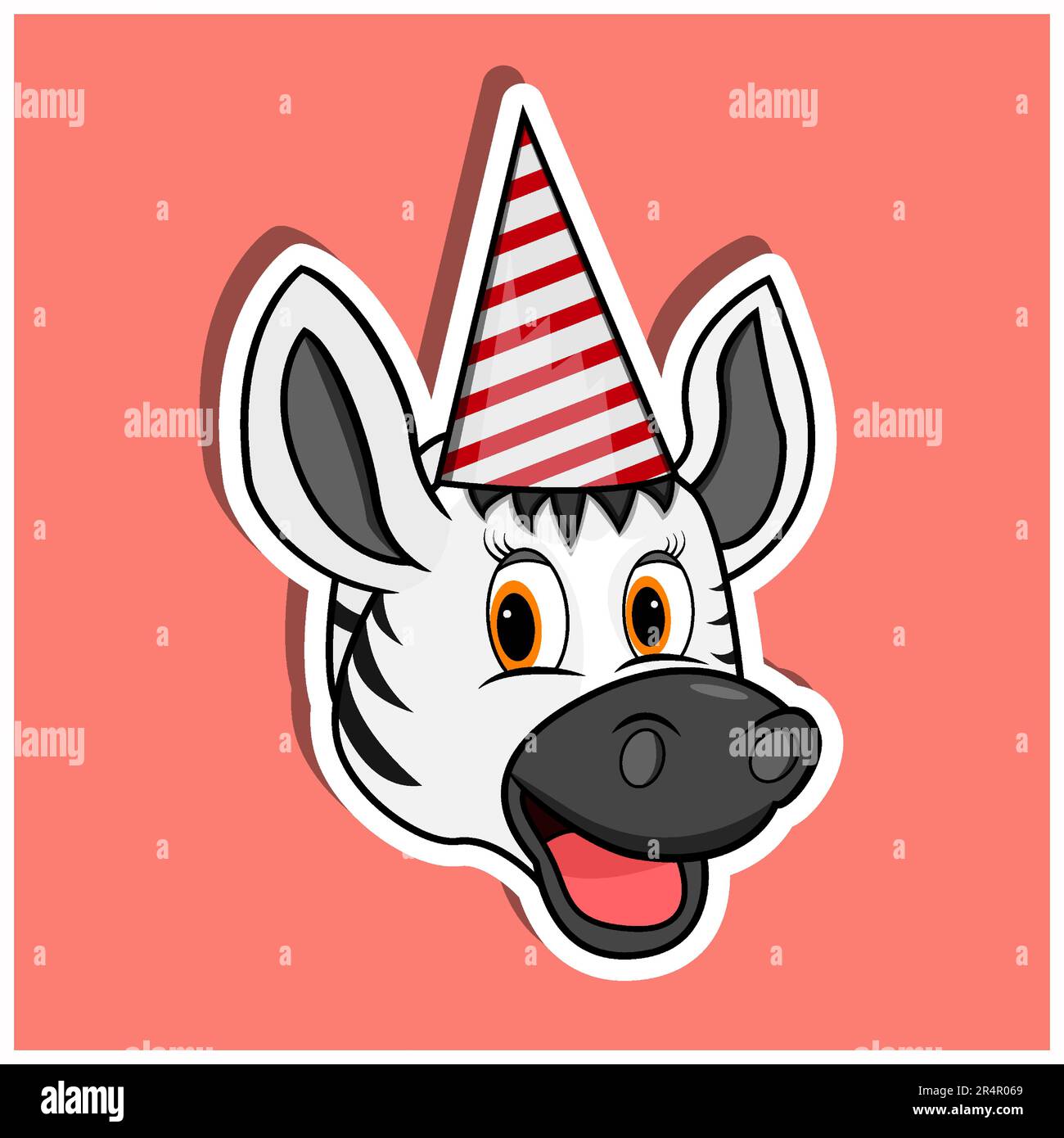 Animal Face Sticker With Zebra Wearing Party Hat. Character Design
