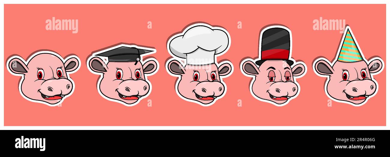 Head Hippopotamus Animal Sticker Set. Graduation, Chef, Magician and Party hat. Perfect for stickers, logo, greeting card and invitation. Vector and i Stock Vector