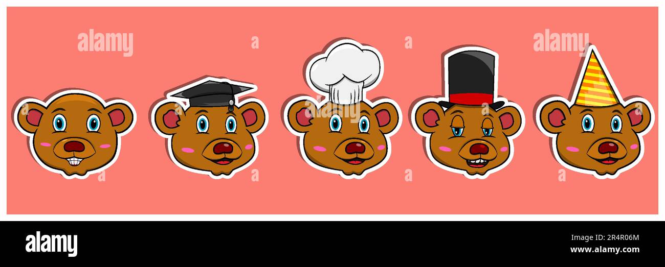 Head Bear Animal Sticker Set. Graduation, Chef, Magician and Party hat. Perfect for stickers, logo, greeting card and invitation. Vector and illustrat Stock Vector