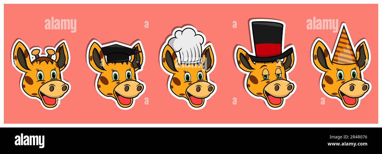 Head Giraffe Animal Sticker Set. Graduation, Chef, Magician and Party