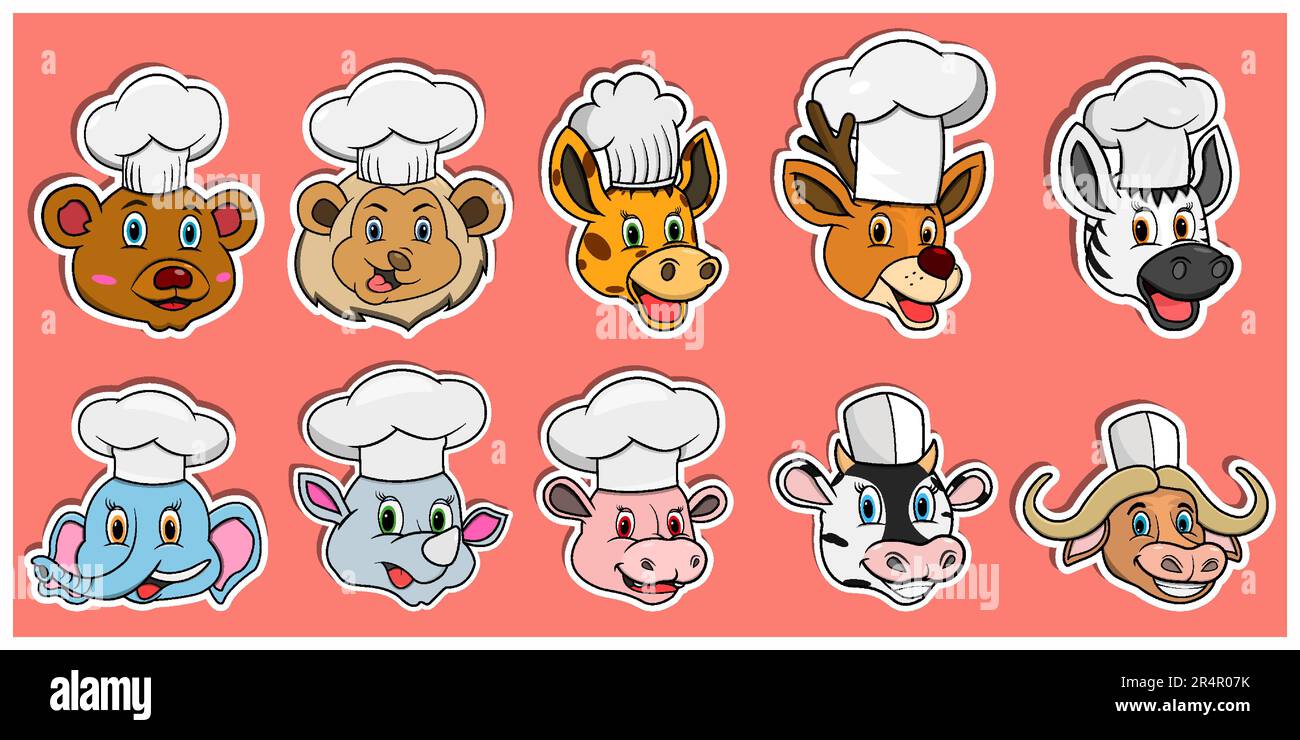 Head Animal Sticker Set. For Logo, Sticker and Chef Theme. Vector And Illustration. Stock Vector