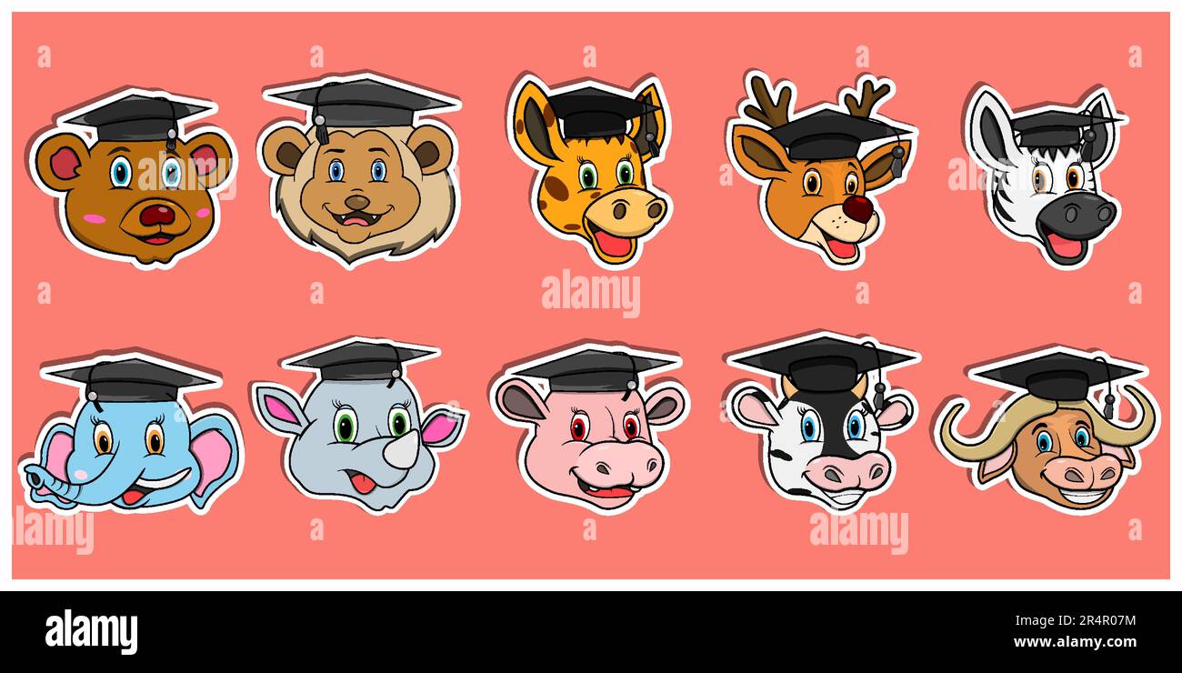 Head Animal Sticker Set. For Logo, Sticker and Graduation Theme. Vector And Illustration. Stock Vector