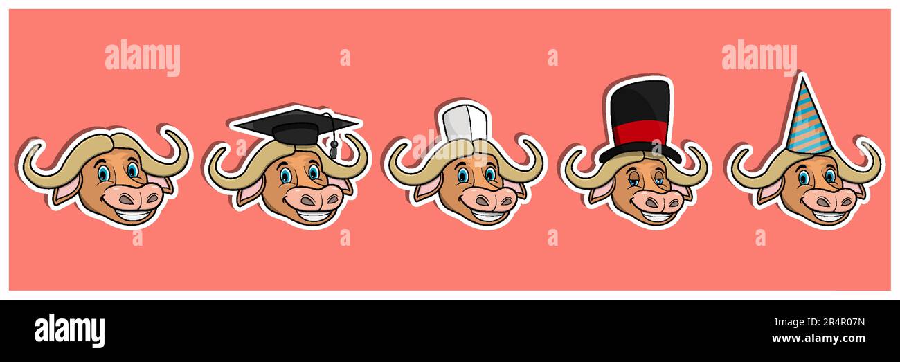 Head Buffalo Animal Sticker Set. Graduation, Chef, Magician and Party hat. Perfect for stickers, logo, greeting card and invitation. Vector and illust Stock Vector