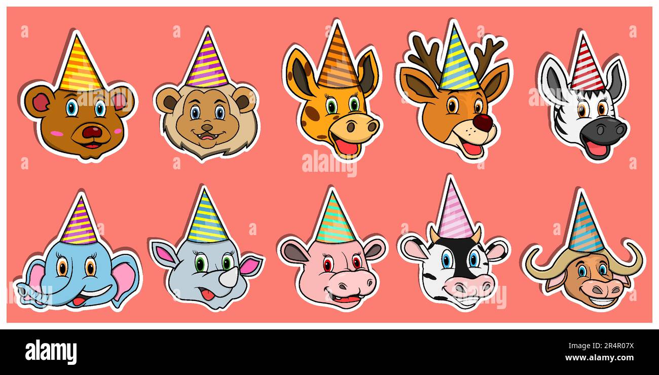 Head Animal Sticker Set. For Logo, Sticker and Birthday Pary Theme. Vector And Illustration. Stock Vector